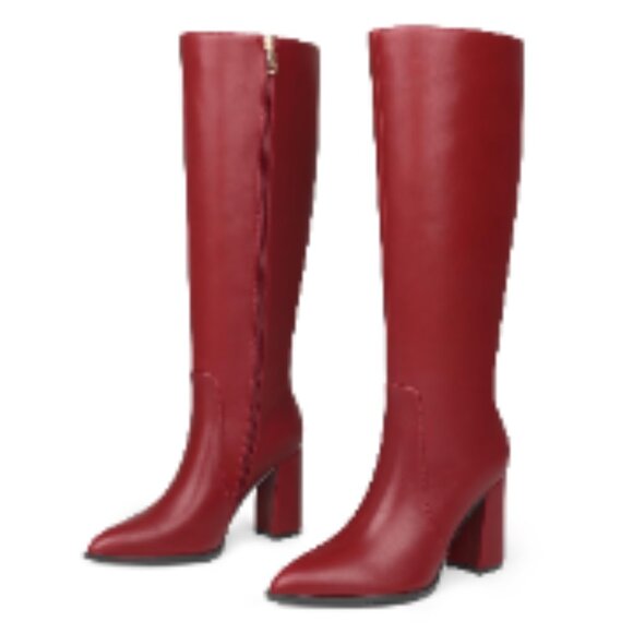 Faux Leather Knee High Boots with Chunky Block Heel and Zipper